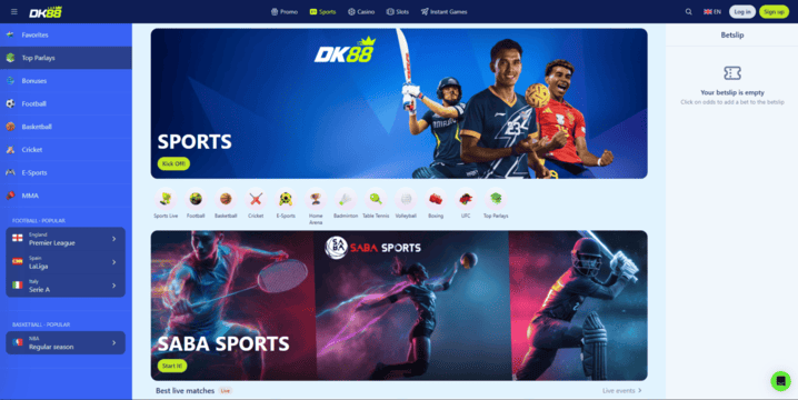 Halaman sportsbook di platform pertaruhan DK88 dengan senarai acara, odds, pilihan pasaran dan akses slip pertaruhan untuk pengguna sukan